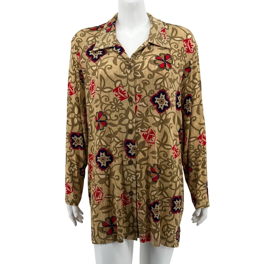 Slinky Brand Top Women 1X Tan Floral Button Up Long Sleeve Stretch Travel Office